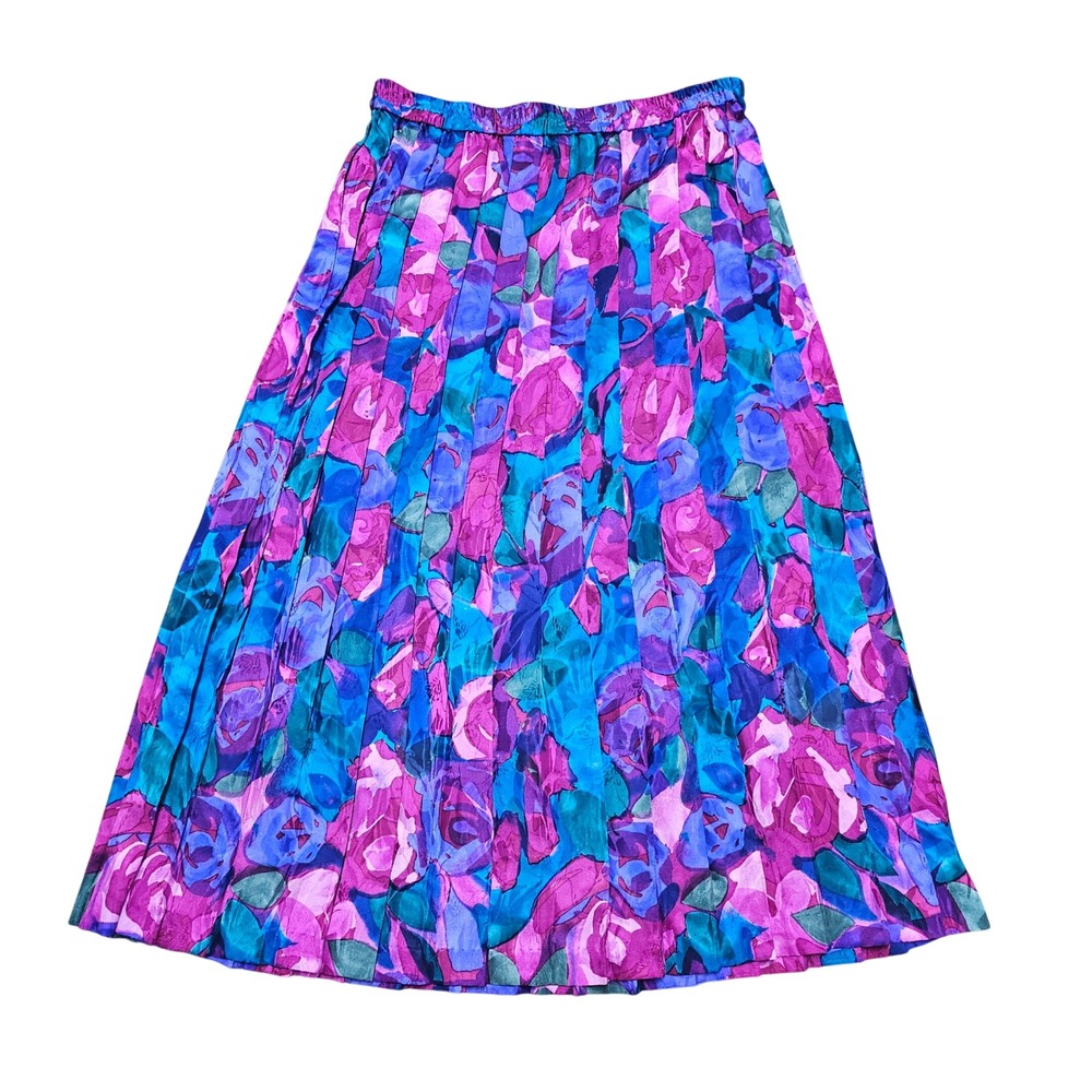 Vintage 80s Silk Accordion-Pleated Midi Skirt Size 14 Vibrant Pink Purple Floral